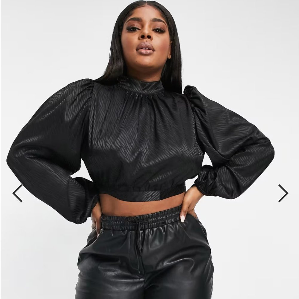 Saint Genies Satin Mock Neck Long Sleeve Backless Top Black Plus Size 16/18